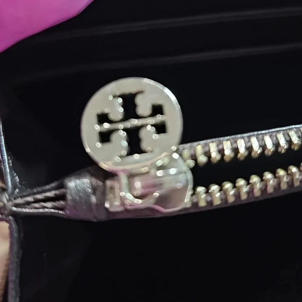Tory Burch Leather Silver Metallic Croc Embossed Wallet